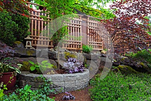 Home Garden Backyard Landscaping with wood trellis