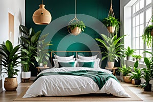 Home garden, bedroom in white and wooden tones. Close-up, bed, parquet floor and many houseplants. Urban jungle interior