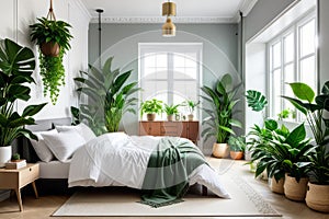 Home garden, bedroom in white and wooden tones. Close-up, bed, parquet floor and many houseplants. Urban jungle interior