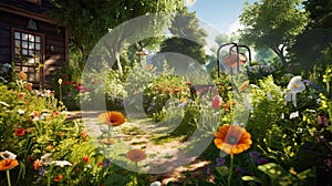 home garden full of flowers. Gardening. Ai Generative