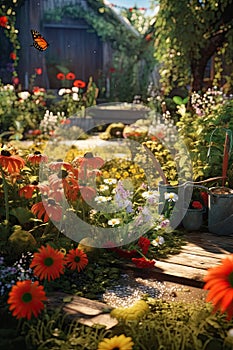 home garden full of flowers. Gardening. Ai Generative