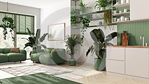 Home garden love. Kitchen and living room interior design in white and green tones. Parquet, sofa and many house plants. Urban