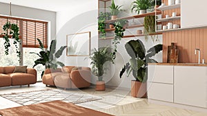 Home garden love. Kitchen and living room interior design in white and orange tones. Parquet, sofa and many house plants. Urban