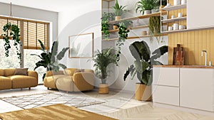 Home garden love. Kitchen and living room interior design in white and yellow tones. Parquet, sofa and many house plants. Urban