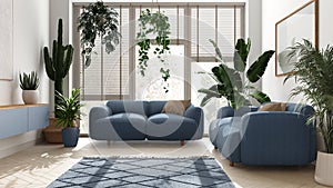 Home garden love. Minimalist contemporary living room interior design in white and blue tones. Parquet, sofa and many house plants