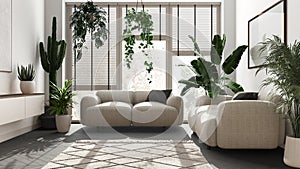 Home garden love. Minimalist contemporary living room interior design in white and dark tones. Parquet, sofa and many house plants