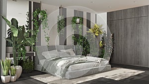 Home garden, minimal bedroom in beige and dark wooden tones. Velvet double bed, parquet floor and many houseplants. Urban jungle