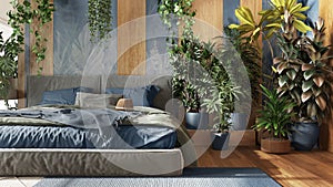 Home garden, minimal bedroom in blue and wooden tones. Close-up, bed, parquet floor and many houseplants. Urban jungle interior