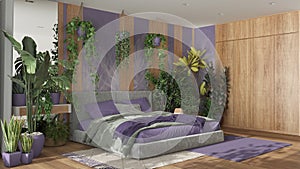 Home garden, minimal bedroom in purple and wooden tones. Velvet double bed, parquet floor and many houseplants. Urban jungle