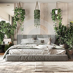 Home garden, minimal bedroom in white and bleached wooden tones. Master bed, parquet floor and many houseplants. Urban jungle