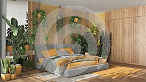 Home garden, minimal bedroom in yellow and wooden tones. Velvet double bed, parquet floor and many houseplants. Urban jungle