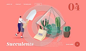 Home Gardening, Growing Plants in Terrarium Landing Page Template. Female Character with Spade Planting Succulents