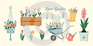 Home gardening hobby illustrations set. Vector plants, flowers, and garden tools spring seasonal flat style collection