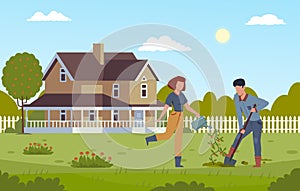 Home gardening. Man digging with shovel and girl watering plant, planting fruit tree, working together in garden the