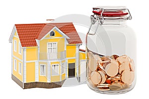 Home with glass jar full of golden coins, 3D rendering