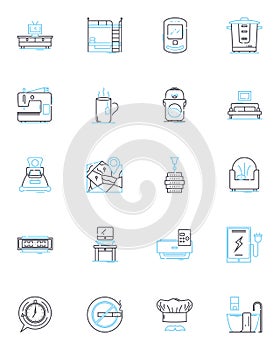 Home goods retailer linear icons set. Furniture, Decor, Appliances, Lighting, Textiles, Kitchenware, Bedding line vector