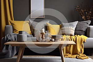 home grey sofa boho decor interior pillow modern house yellow cushion. Generative AI.