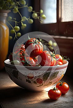 Home grown tomatoes in a plate in the garden.