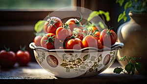 Home grown tomatoes in a plate in the garden.