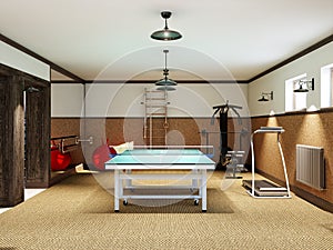 Home gym in the basement with fitness equipment and table tennis