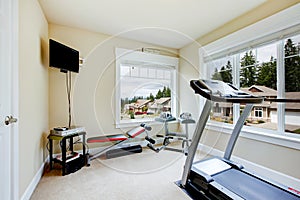 Home gym with equipment, weights and TV.