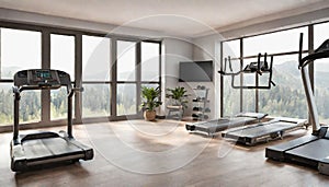 A home gym with neon-lit exercise equipment, motivating fitness