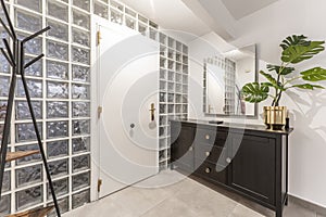 Home hallway with black wooden sideboard, frameless mirror, decorativ