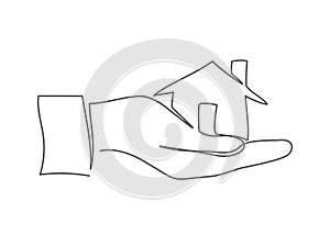 Home in hand One line drawing on white background