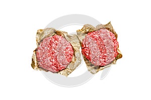 Home HandMade Raw Minced Beef steak burgers. Farm organic meat. Isolated on white background.