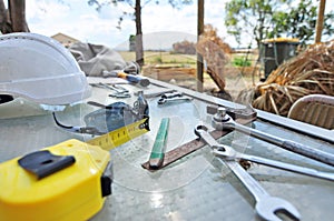 Home handyman tools on table ready to build outdoor project task