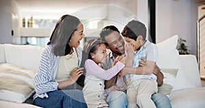 Home, happy family and parents tickle kids, bonding and having fun together. Game, mother and father play with children