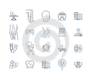 Home healthcare line icons collection. Elderly, Homebound, Healthcare, Nursing, Assistance, Rehabilitation, Therapy photo