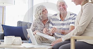 Home, help and senior couple with a financial advisor, consultation and discussion for investments. Female consultant