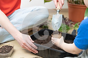 Home hobbies planting seeds. Young mother and son preparing soil by pooring dirt in to small pots. Spring time activities