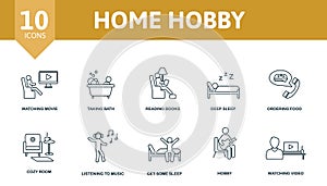 Home Hobby set icon. Editable icons home hobby theme such as watching movie, reading books, ordering food and more.