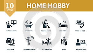 Home Hobby set icon. Editable icons home hobby theme such as watching movie, reading books, ordering food and more.
