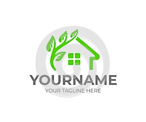 Home or house and branch with leaves, logo design. Smart house, green construction and eco building, vector design