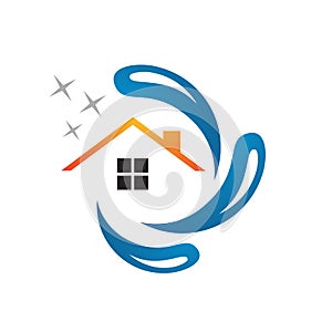 home house cleaning logo design with water and shine symbol icon vector template