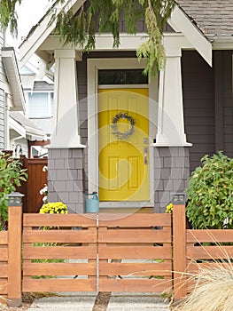 Home House Front Door Design Bright Yellow Paint Exterior Front Porch