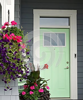 Home House Front Door Design Pastel Green Paint Exterior Front Porch