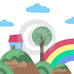 home house hill rainbow travel nature landscape playful whimsical background for cute children