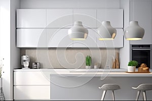 home house nobody apartment interior contemporary design kitchen architecture modern white. Generative AI.