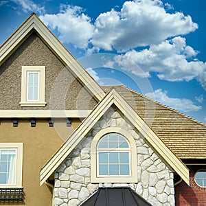 Home House Stucco Siding Roof Peak Details Cumulus Sky Background