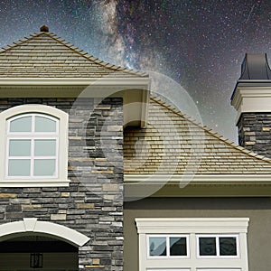 Home House Stucco Siding Roofing Details Starry Sky Background