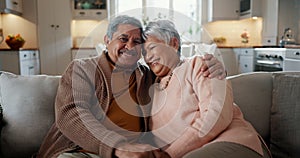 Home, hug and senior couple with a smile, funny and retirement with bonding, relationship and marriage. Romance, elderly