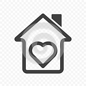 Home icon. Image of a house with a chimney. The heart is inscribed inside the house. The symbol of the home. Isolated