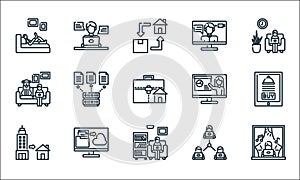 Home icon pack line icons. linear set. quality vector line set such as working, working, working at home, teamwork, file upload,