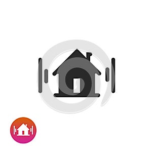 Home icon vector symbol, black and white house pictogram with signal waves, idea of door phone protection technology or