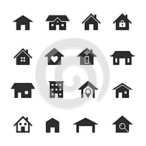 Home icons. Black houses silhouettes, smart home service. Web homepage buttons, security locations and residential