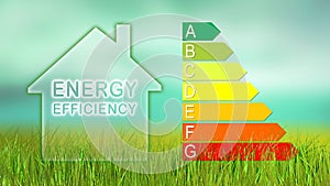 Home illustration and energy efficiency graph as power saving concept. Empty copy space
